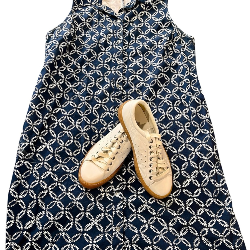 Michael Kors navy and white button-front sleeveless shirt dress.